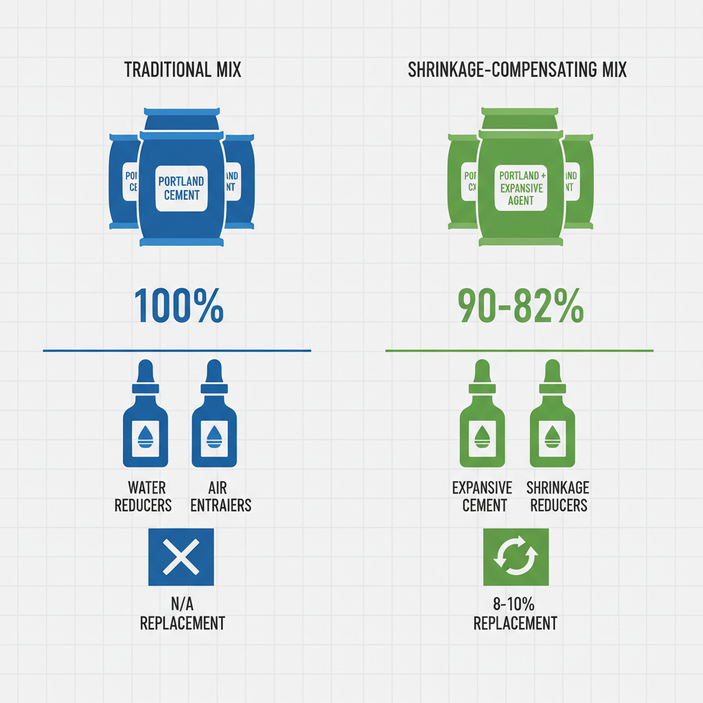 Infographic showing side-by-side comparison of components in traditional concrete mix and shrinkage compensating concrete mix, with icons and percentage details.