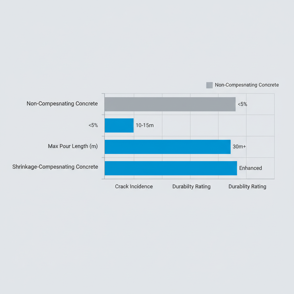 Horizontal bar chart comparing crack incidence, maximum pour length, and durability rating between non-compensating and shrinkage-compensating concrete types.
