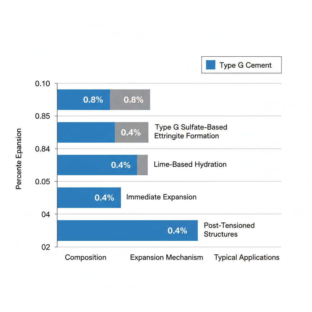 Horizontal bar chart comparing features of Type G and Type K expansive cements including composition, expansion mechanism, and applications with percentage expansion values.