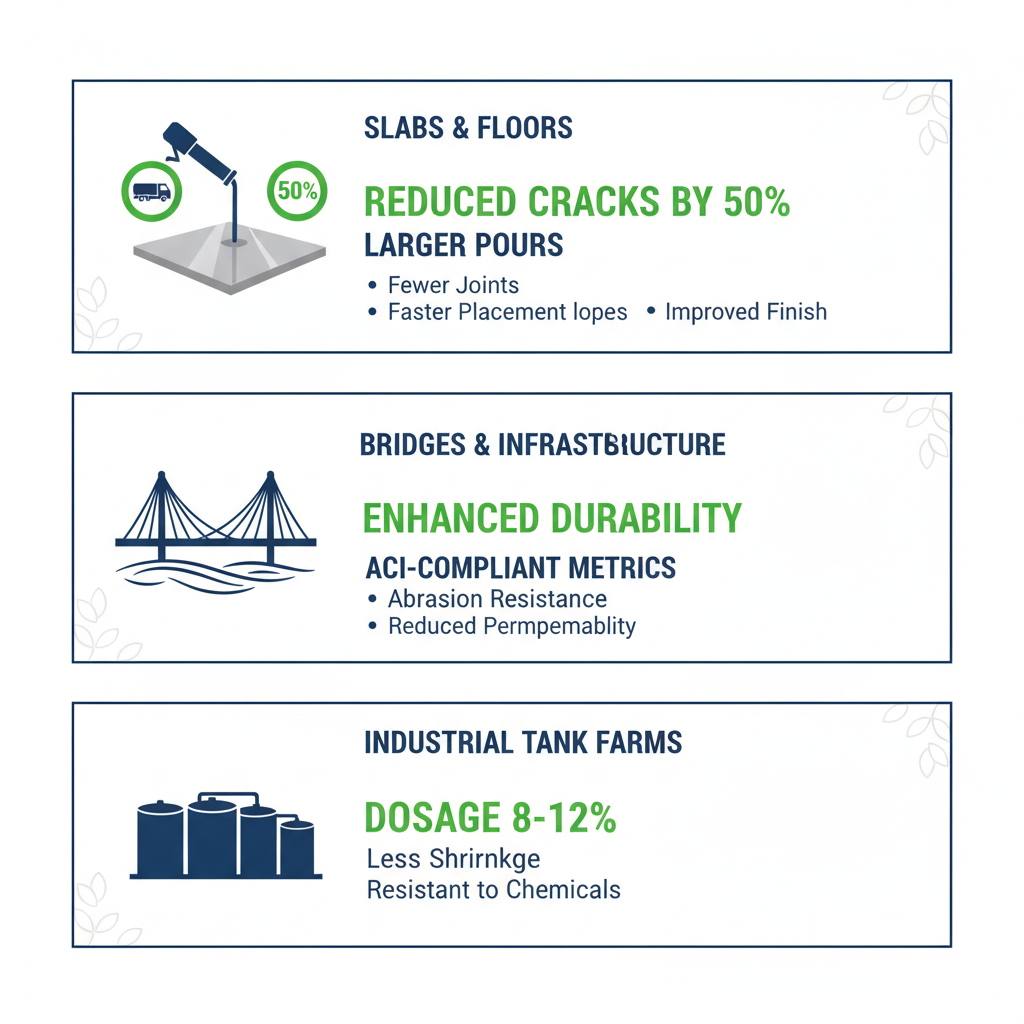 Infographic showing applications of expansive cement for slabs, bridges, and industrial uses with icons and metrics.