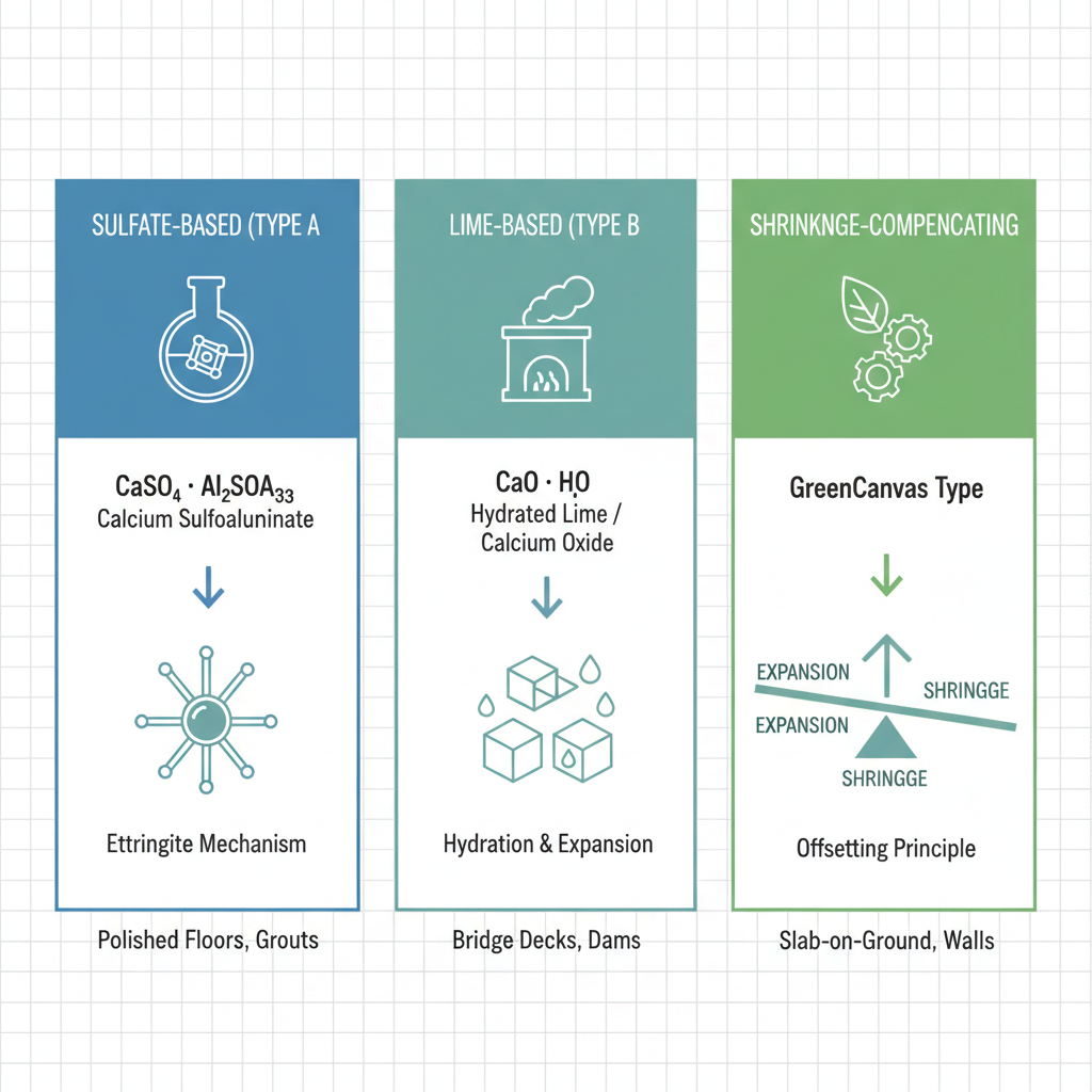 Infographic illustrating types of expansive cement: sulfate-based, lime-based, and shrinkage-compensating variants with key applications.