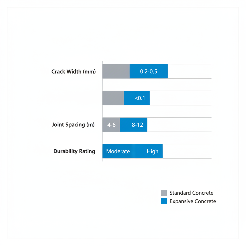 Horizontal bar chart comparing crack width, joint spacing, and durability of standard versus expansive concrete with GreenCanvas.