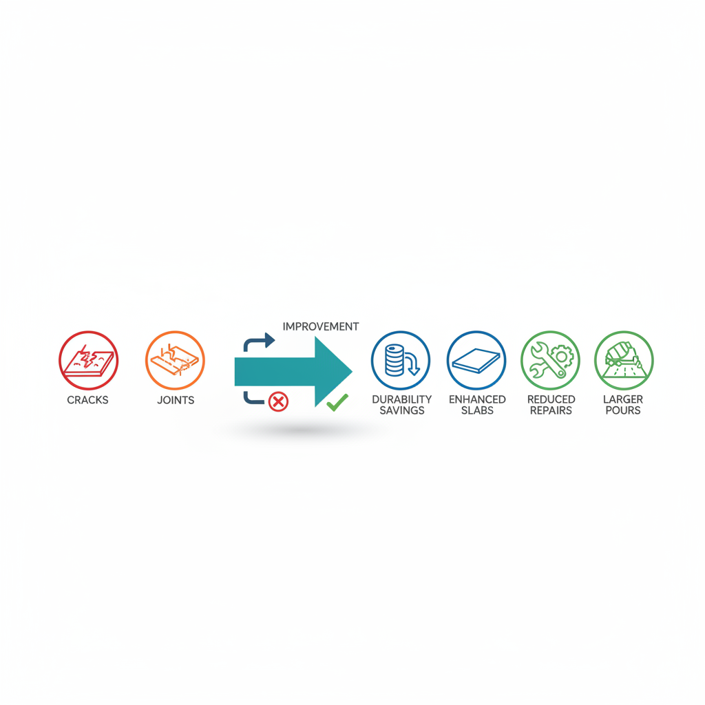 Infographic comparing benefits of shrinkage compensating concrete to traditional methods with icons for issues and advantages