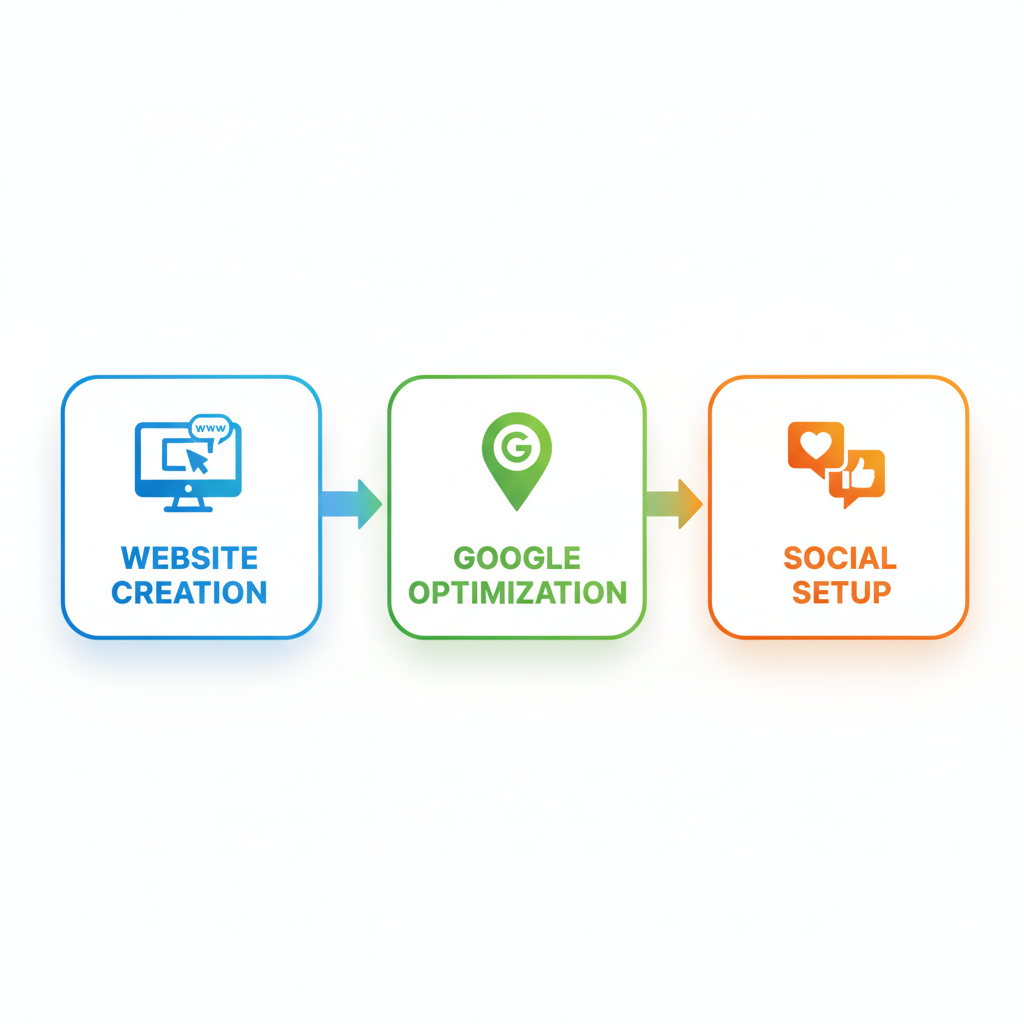 Horizontal process flow illustrating three steps: website creation with blue computer icon, Google My Business optimization with green pin, and social media setup with orange engagement icons for catering online presence.
