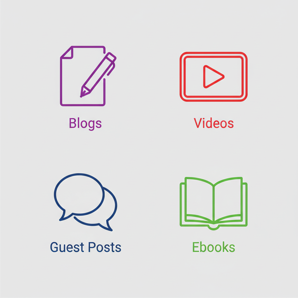 Set of four icons representing content marketing strategies including blogs, videos, guest posts, and ebooks for catering services.