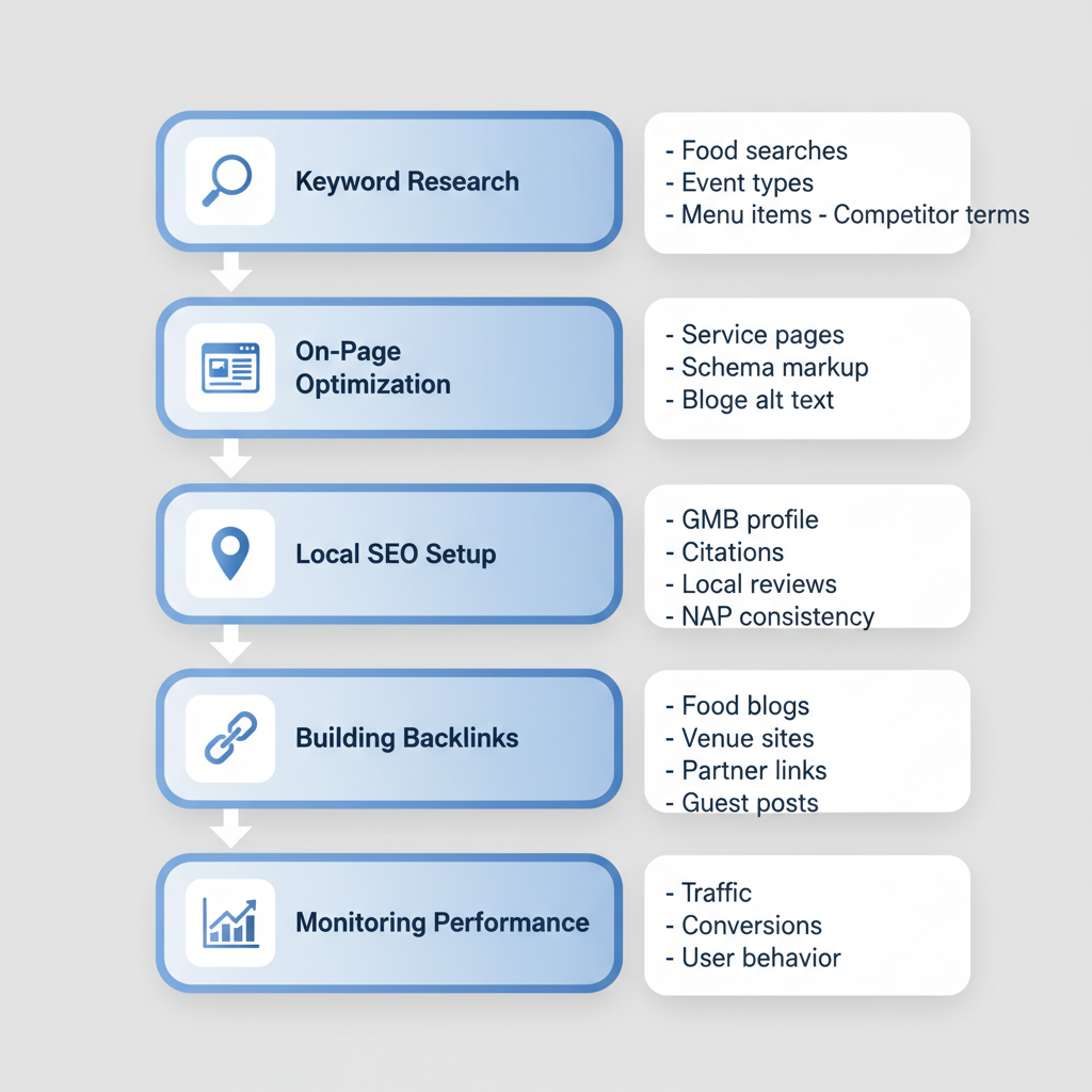 Vertical process flow diagram outlining essential SEO steps for caterers including keyword research, on-page optimization, local SEO, backlink building, and performance monitoring.