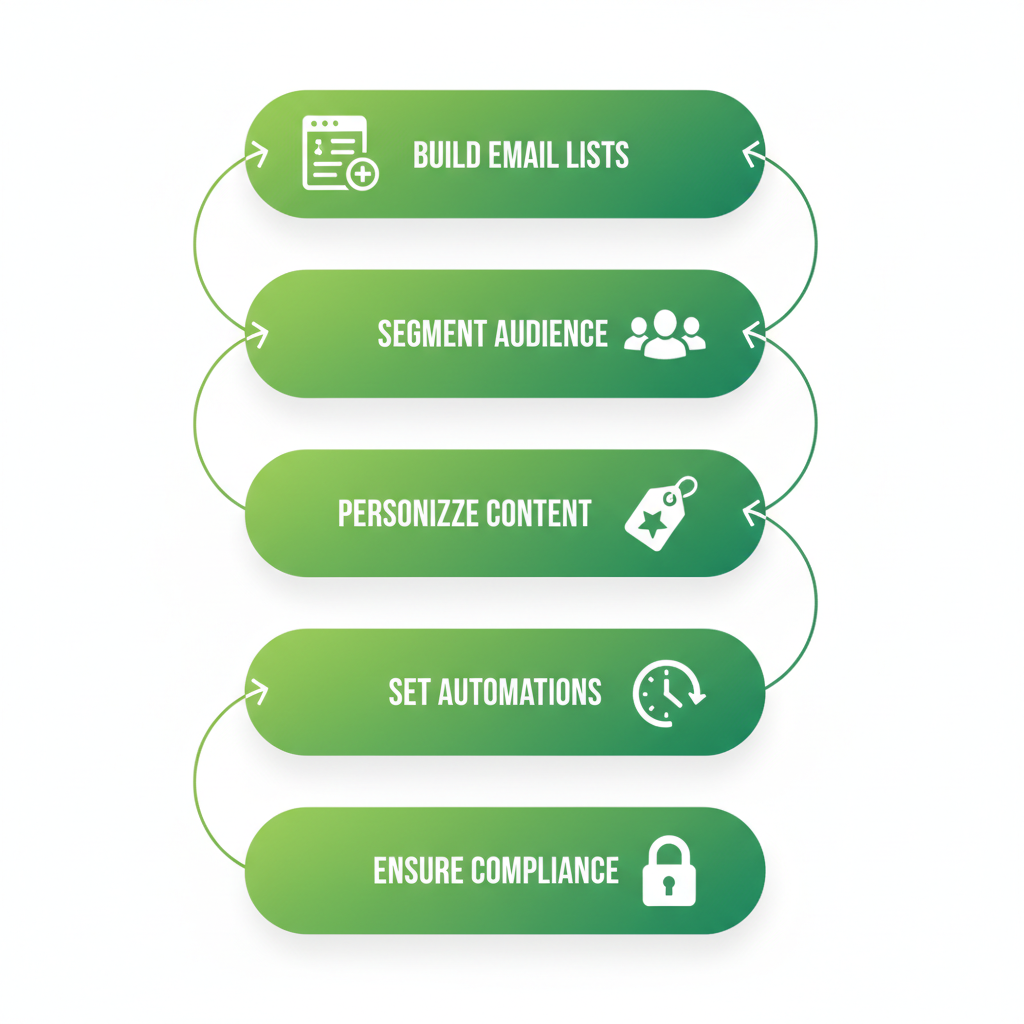 Vertical process flow diagram illustrating five stages of email marketing for catering promotions: building lists, segmenting audience, personalizing content, setting automations, and ensuring compliance.