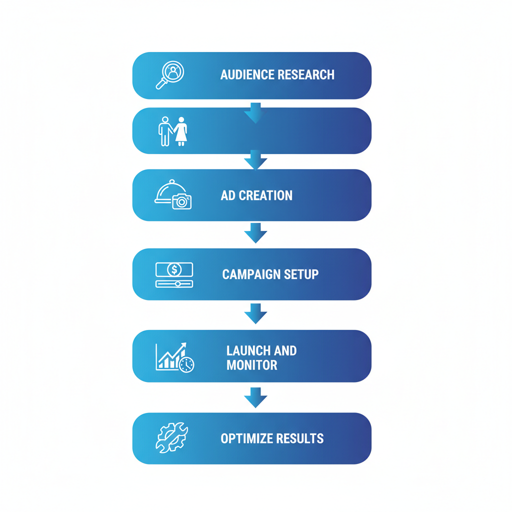 Vertical process flow diagram illustrating five steps for Facebook ads in catering: audience research, ad creation, campaign setup, launch and monitor, optimize results with relevant icons.