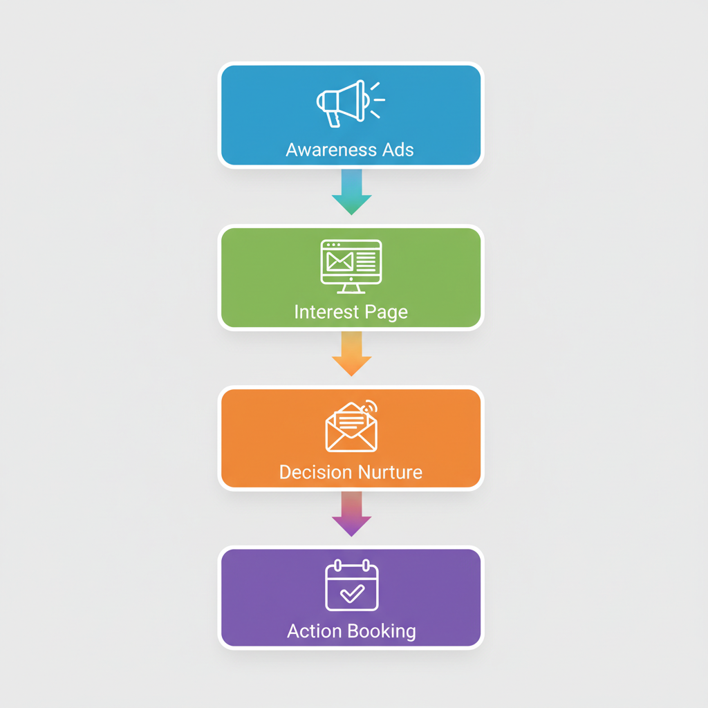 Vertical process flow diagram illustrating four stages of lead funnels for catering: awareness, interest, decision, and action with icons and colors.