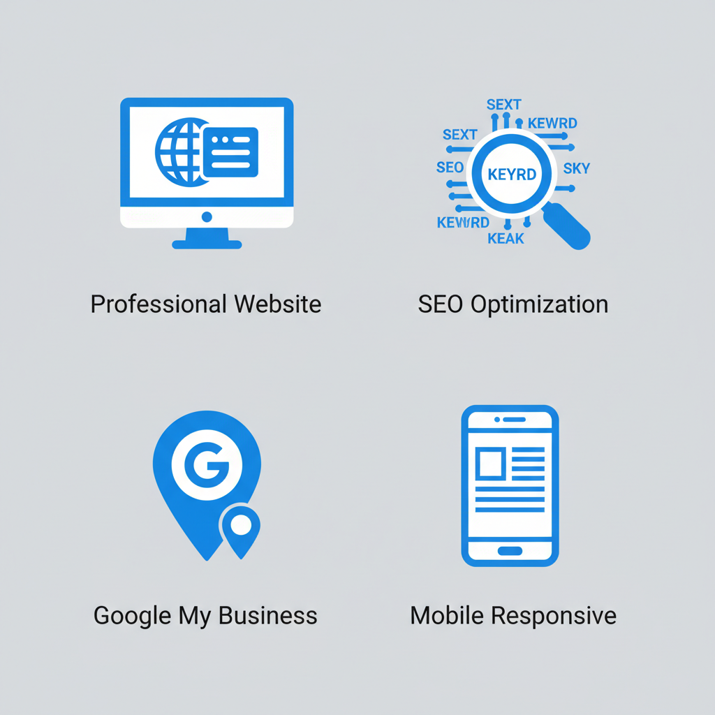 Square grid of four icons depicting professional website, SEO optimization, Google My Business, and mobile responsiveness for catering marketing online presence.