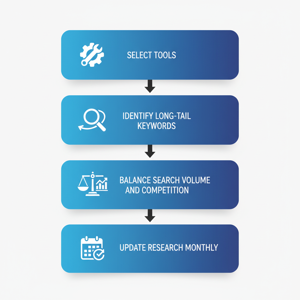 Vertical process flow diagram showing steps for targeted keyword research in SEO for caterers: select tools, identify long-tail keywords, balance search volume and competition, update research monthly.