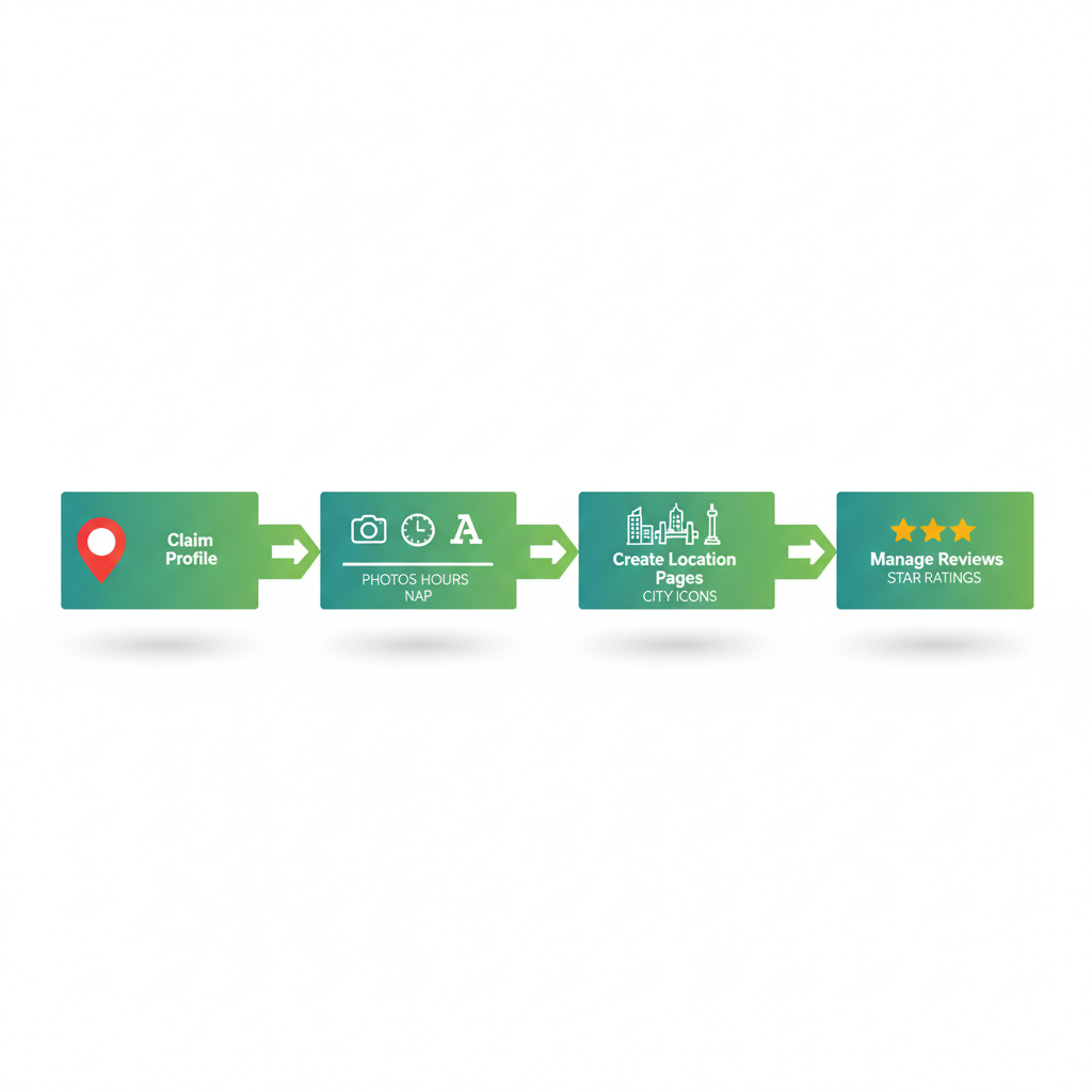 Horizontal process flow diagram showing four stages to boost local SEO for catering services: claim profile, update details, create location pages, and manage reviews.