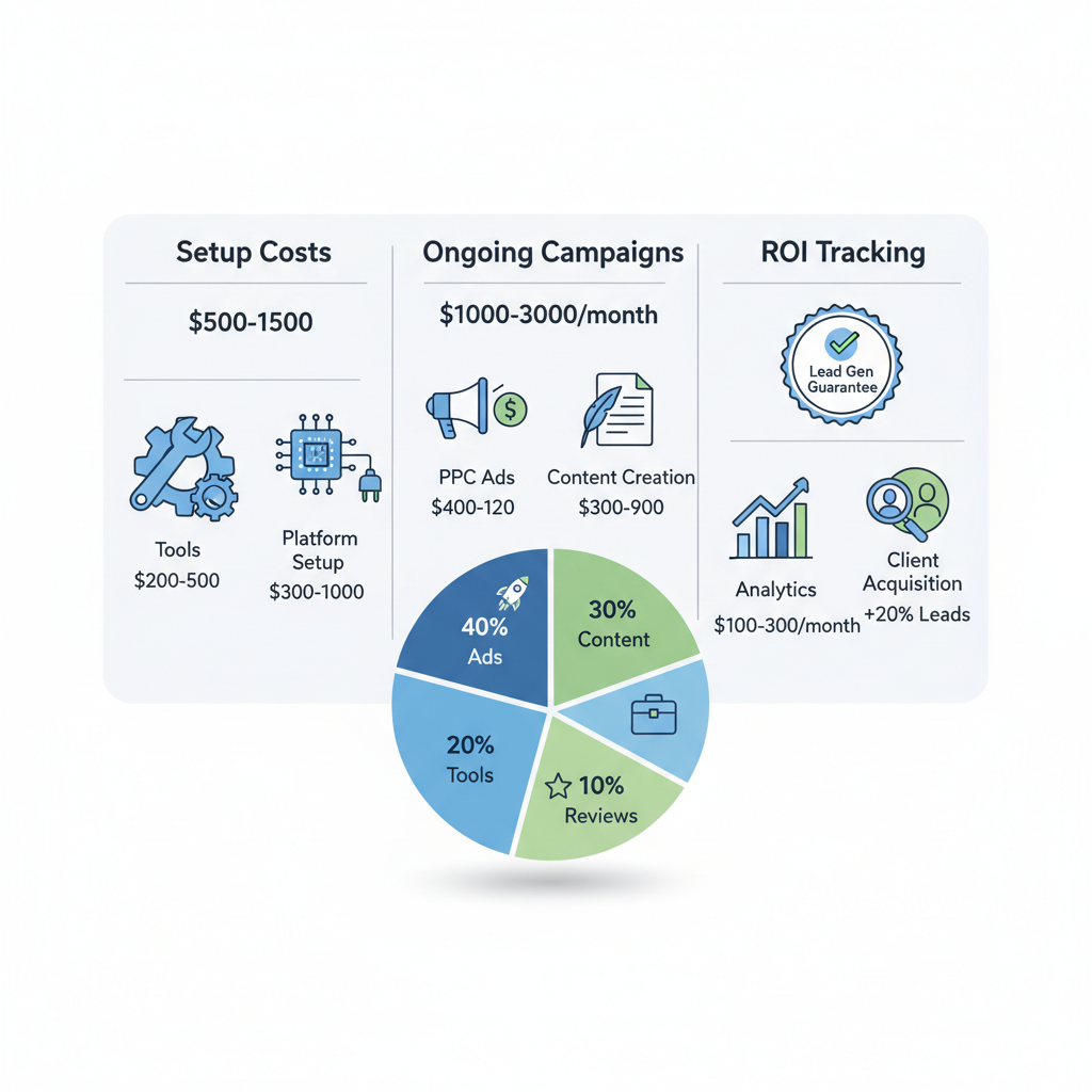 Infographic breaking down SEO budgets for catering services including setup costs, ongoing campaigns, ROI tracking, and pie chart allocation