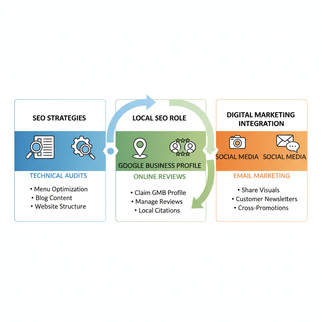Infographic illustrating core SEO elements for catering businesses including strategies, local SEO, and digital integration with icons and flow arrows.
