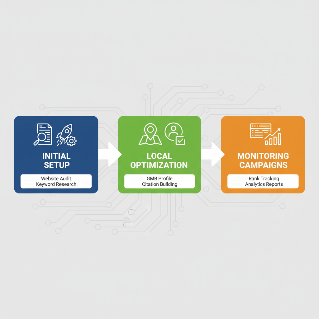 Horizontal process flow diagram illustrating the step-by-step SEO implementation for catering services, featuring three connected stages with icons and colors.