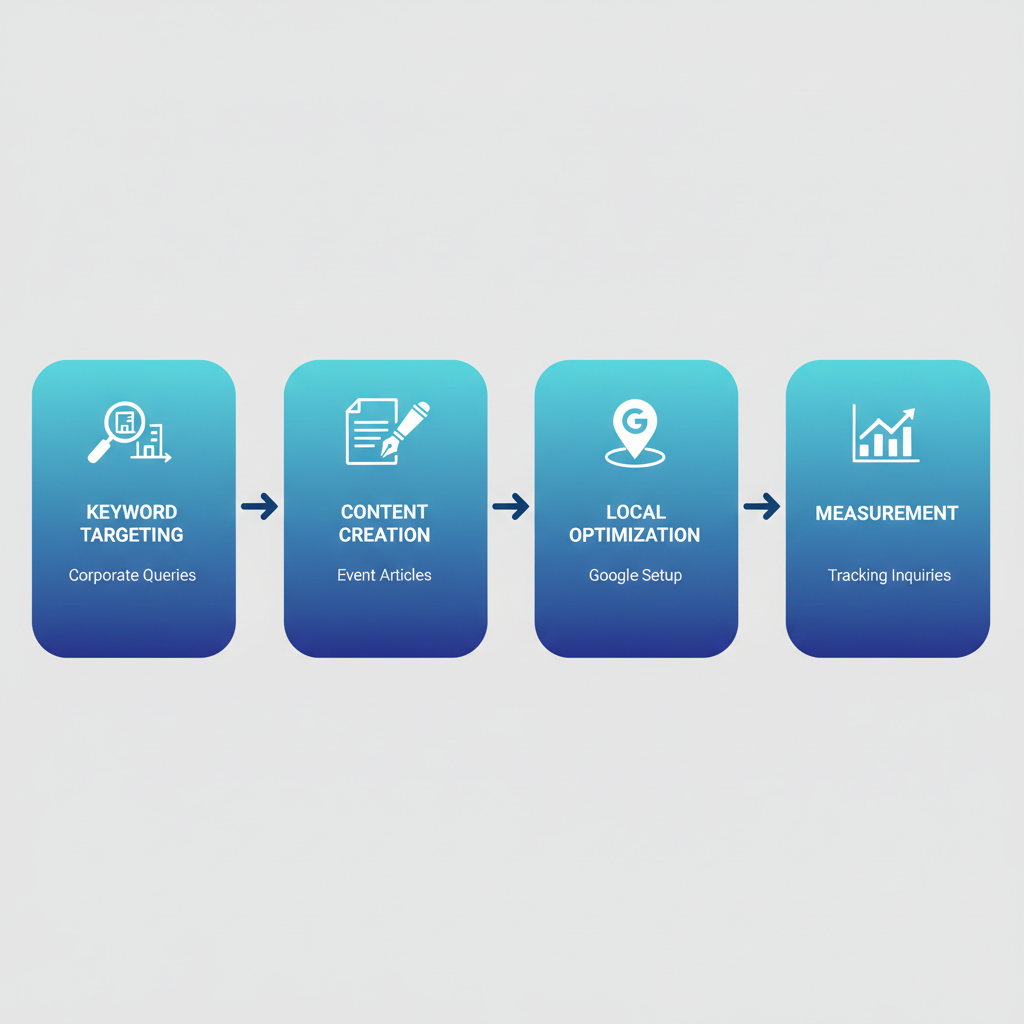 Horizontal process flow diagram illustrating four steps of Catering SEO for generating leads: keyword targeting, content creation, local optimization, and measurement.