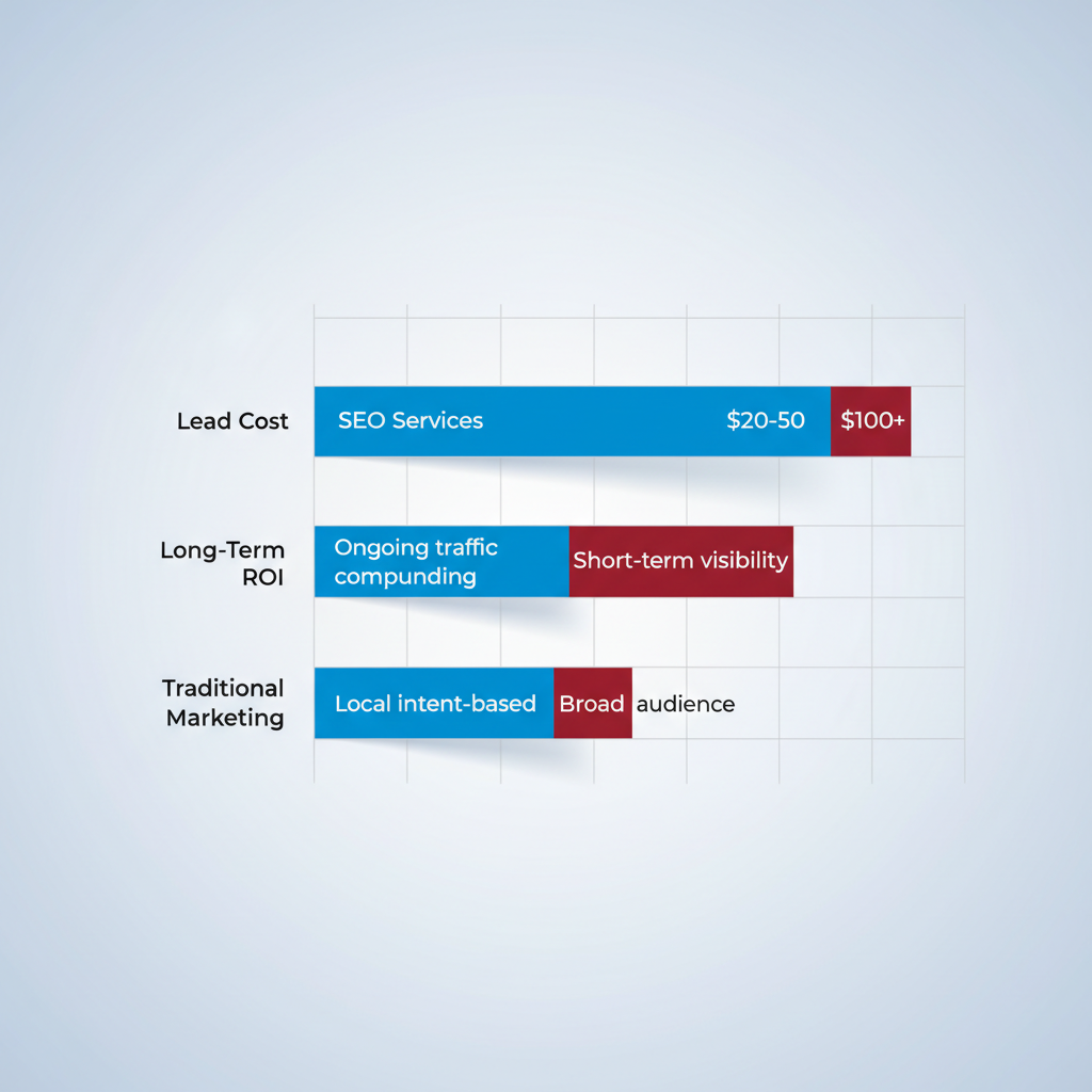 Horizontal bar chart comparing SEO and traditional marketing metrics for caterers including lead cost, ROI, and targeting precision.