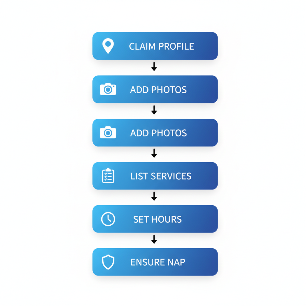 Process flow diagram illustrating key steps to optimize Google Business Profile for catering services, including claiming profile, adding photos, listing services, setting hours, and ensuring NAP consistency.