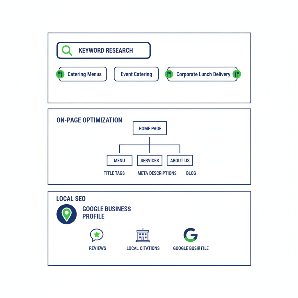 Infographic illustrating SEO fundamentals including keywords, on-page optimization, and local SEO for caterers