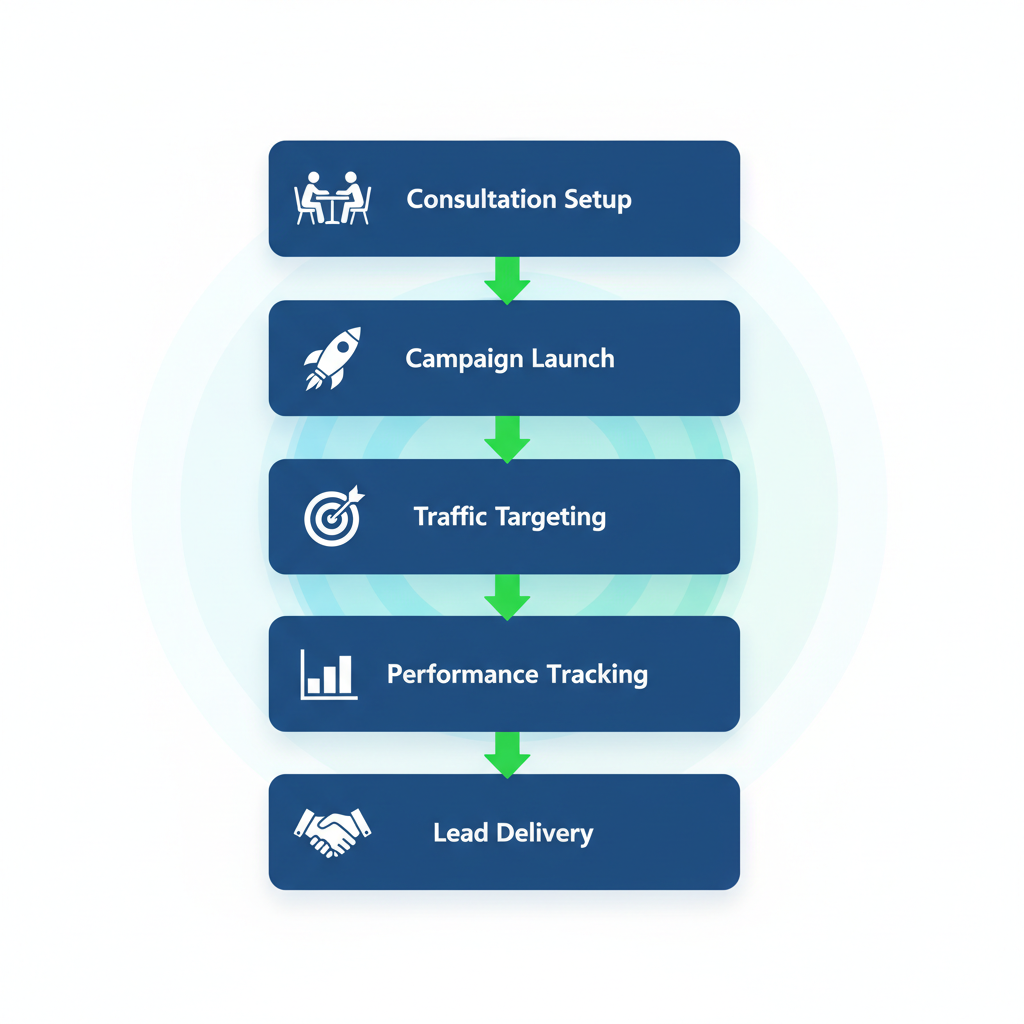 Vertical process flow diagram illustrating five stages of SEO services delivery for caterers, from consultation to lead guarantee.