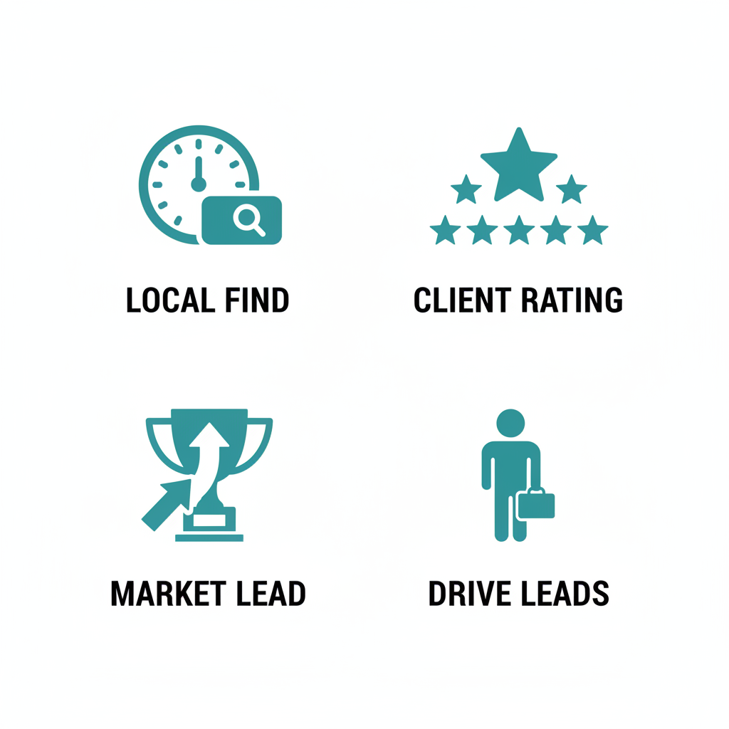 Grid of icons showing SEO benefits for catering: local visibility, customer reviews, competitive edge, and driving inquiries.