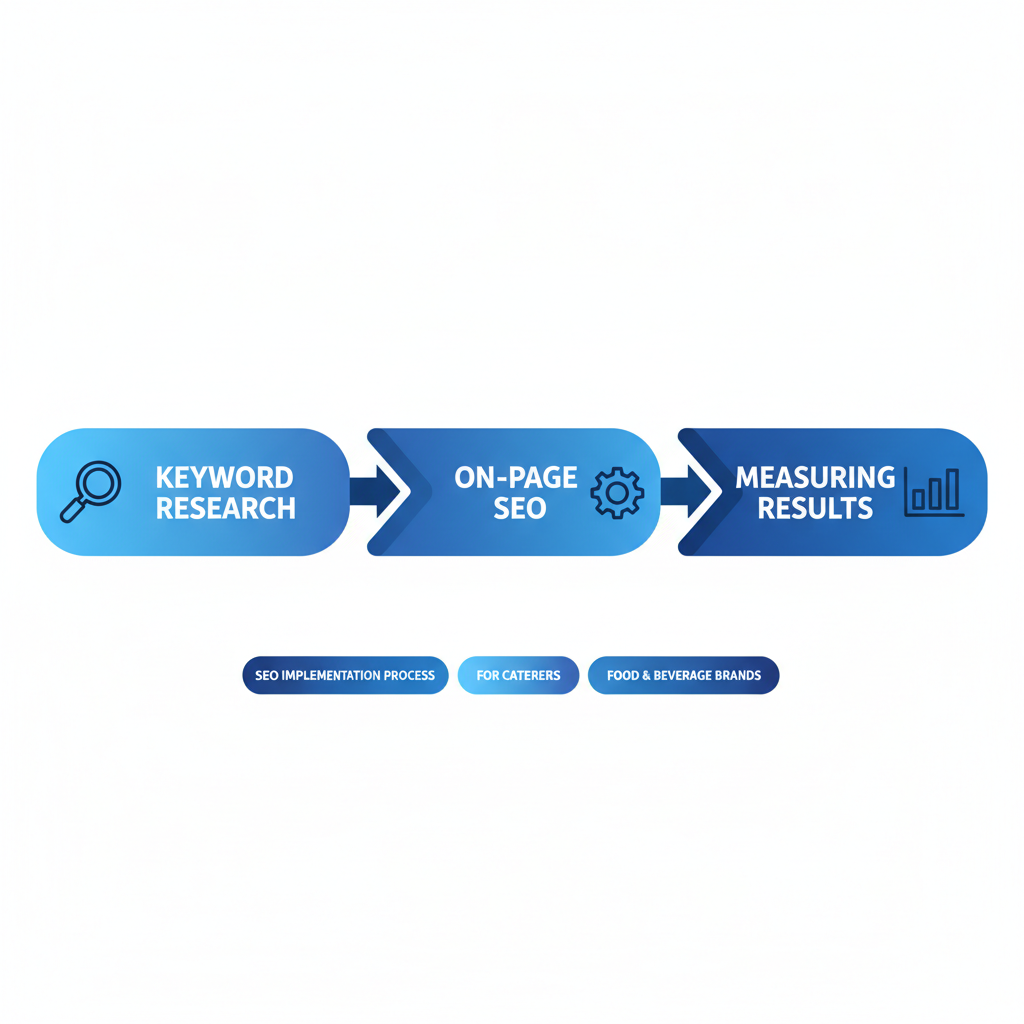 Horizontal process flow diagram illustrating three stages of SEO for caterers: keyword research, optimization, and measuring results.