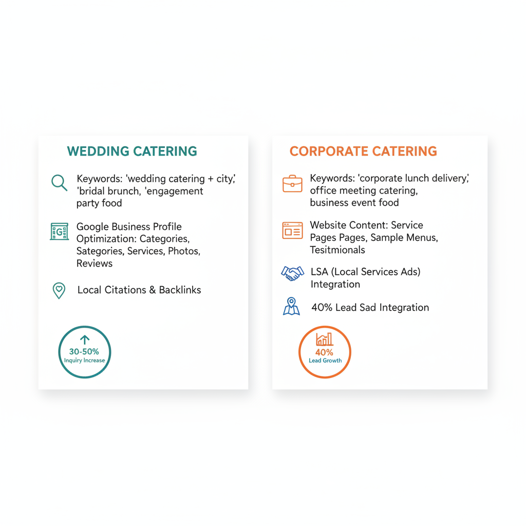 Infographic comparing local SEO strategies for wedding and corporate catering with percentage growth metrics