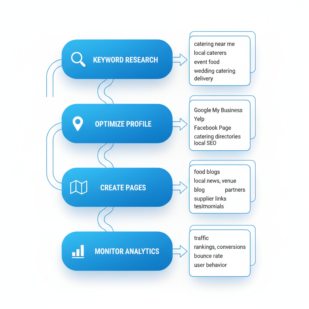 Vertical process flow diagram showing five steps for implementing SEO in a catering business with icons and brief labels.