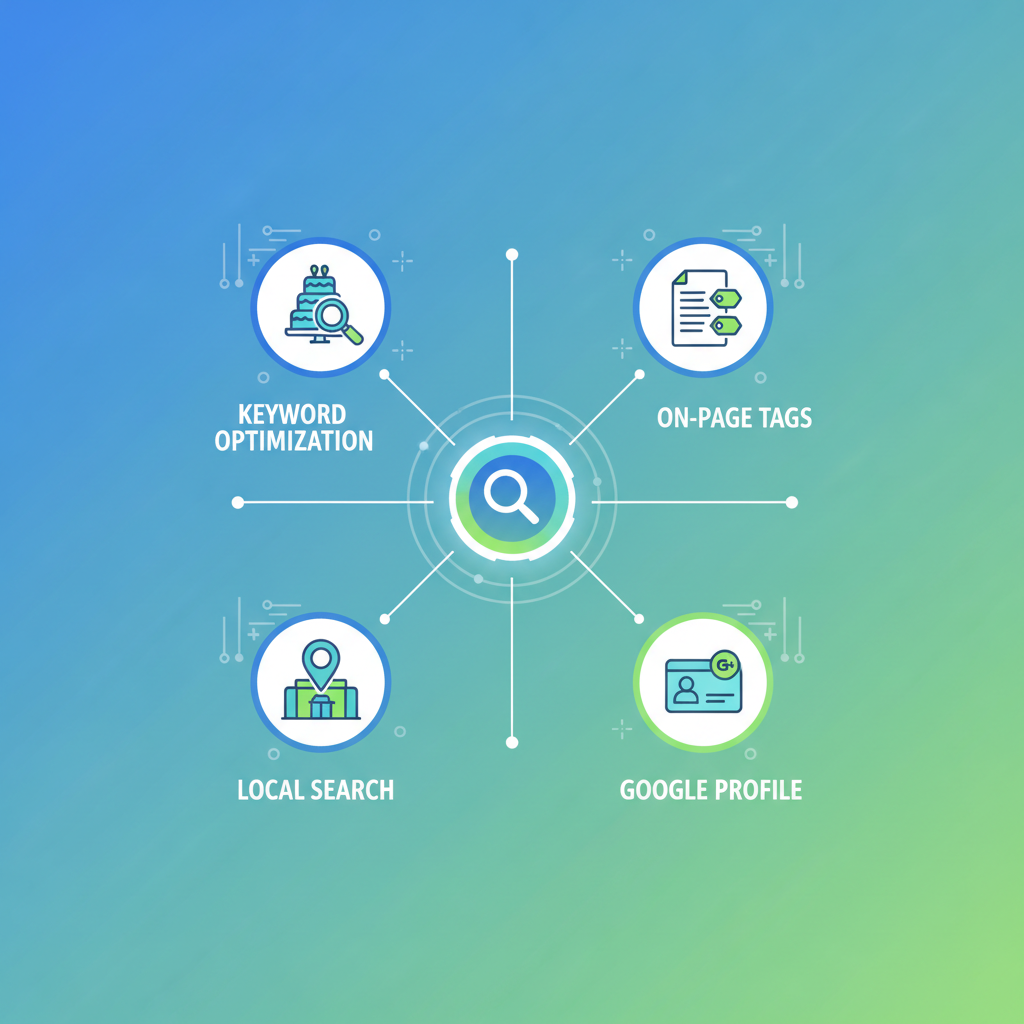 Infographic illustrating four key strategies to enhance online visibility for catering businesses using SEO techniques.