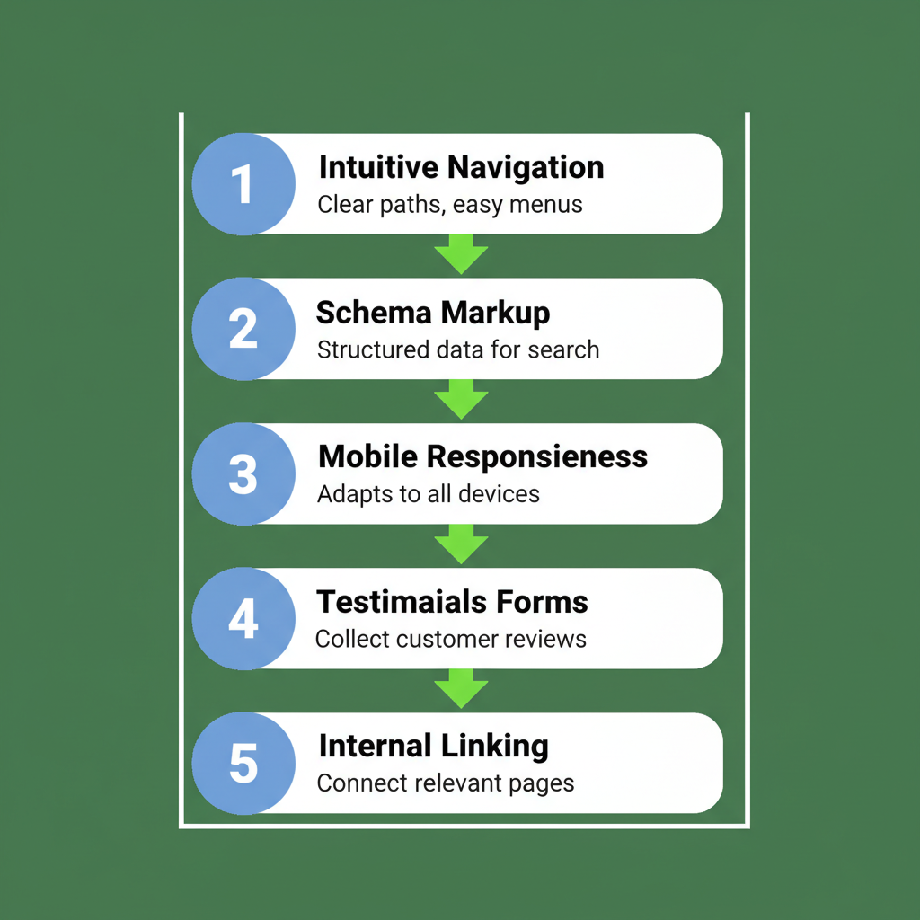 Vertical process flow diagram illustrating five steps to optimize a catering website for SEO, including navigation, schema markup, mobile responsiveness, testimonials, and internal linking.