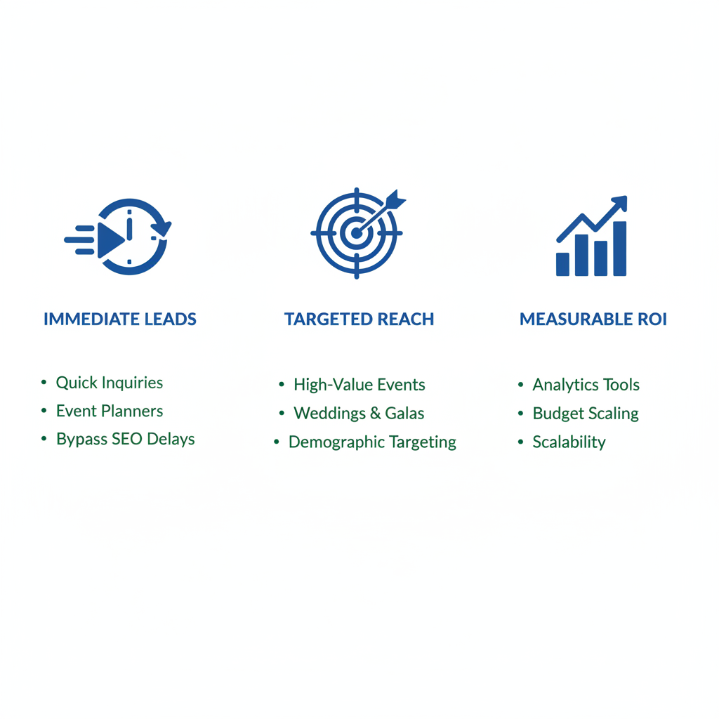 Infographic showing three key benefits of PPC for catering businesses: immediate leads, targeted event reach, and scalable ROI.