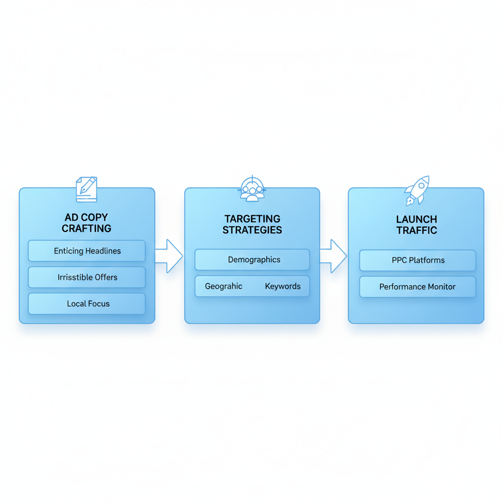 Horizontal process flow illustrating three steps for generating catering leads using PPC campaigns: crafting ad copy, targeting strategies, and launching traffic.