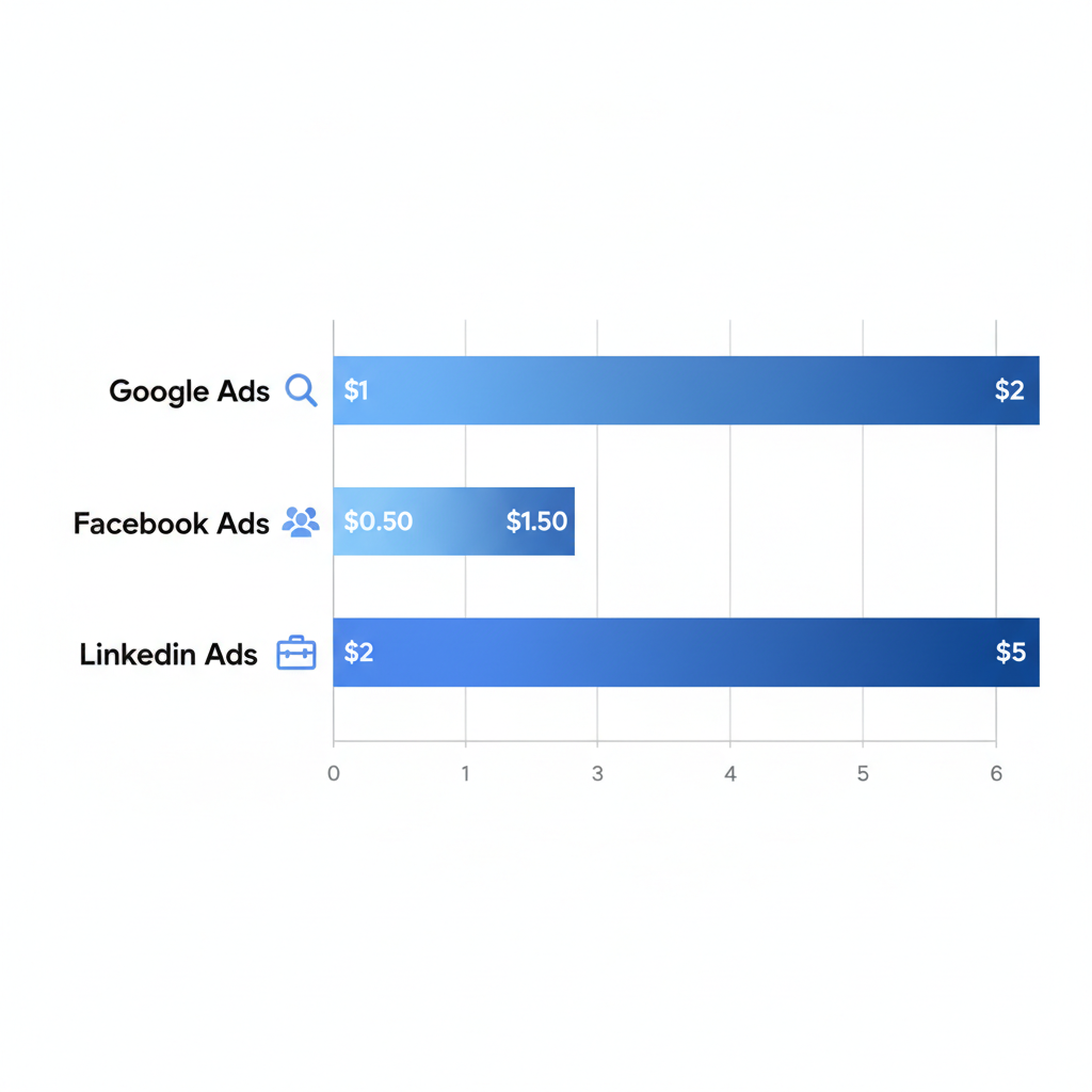 Horizontal bar chart illustrating average cost per click for Google Ads, Facebook Ads, and LinkedIn Ads in catering lead generation, featuring platform icons and grid lines.