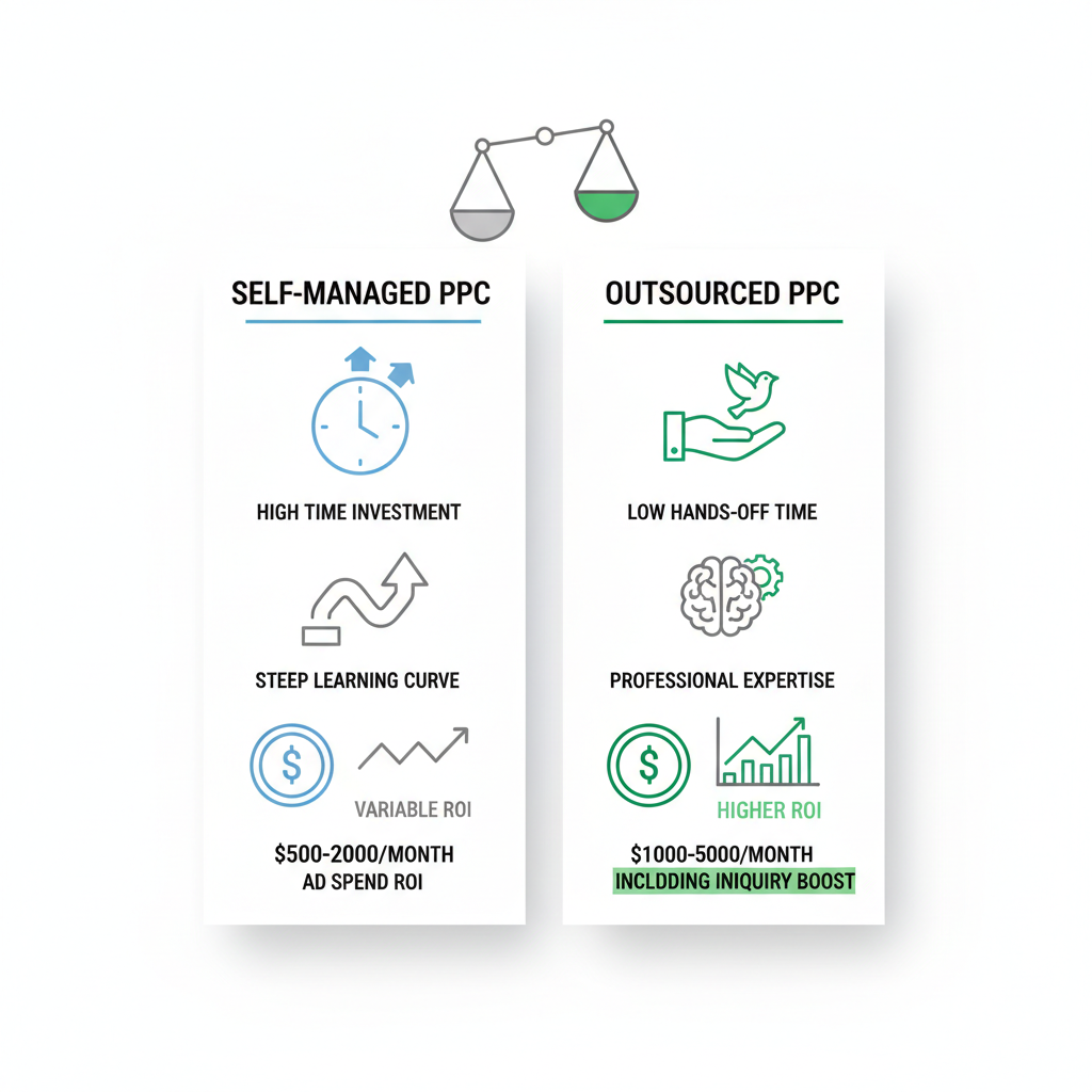 Infographic showing comparison between self-managed and outsourced PPC options for catering businesses, highlighting time, costs, and ROI differences.