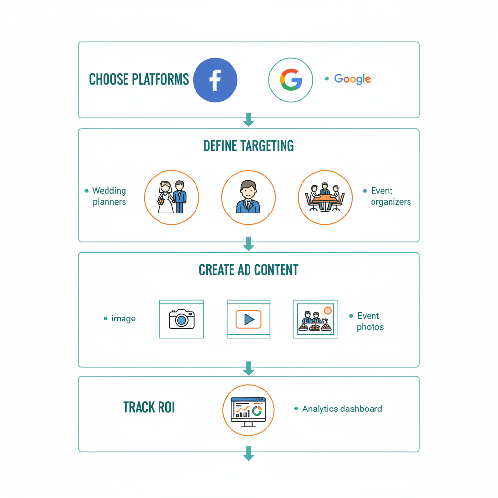 Infographic showing four steps to launch paid ad campaigns for catering: platforms, targeting, content creation, and ROI tracking
