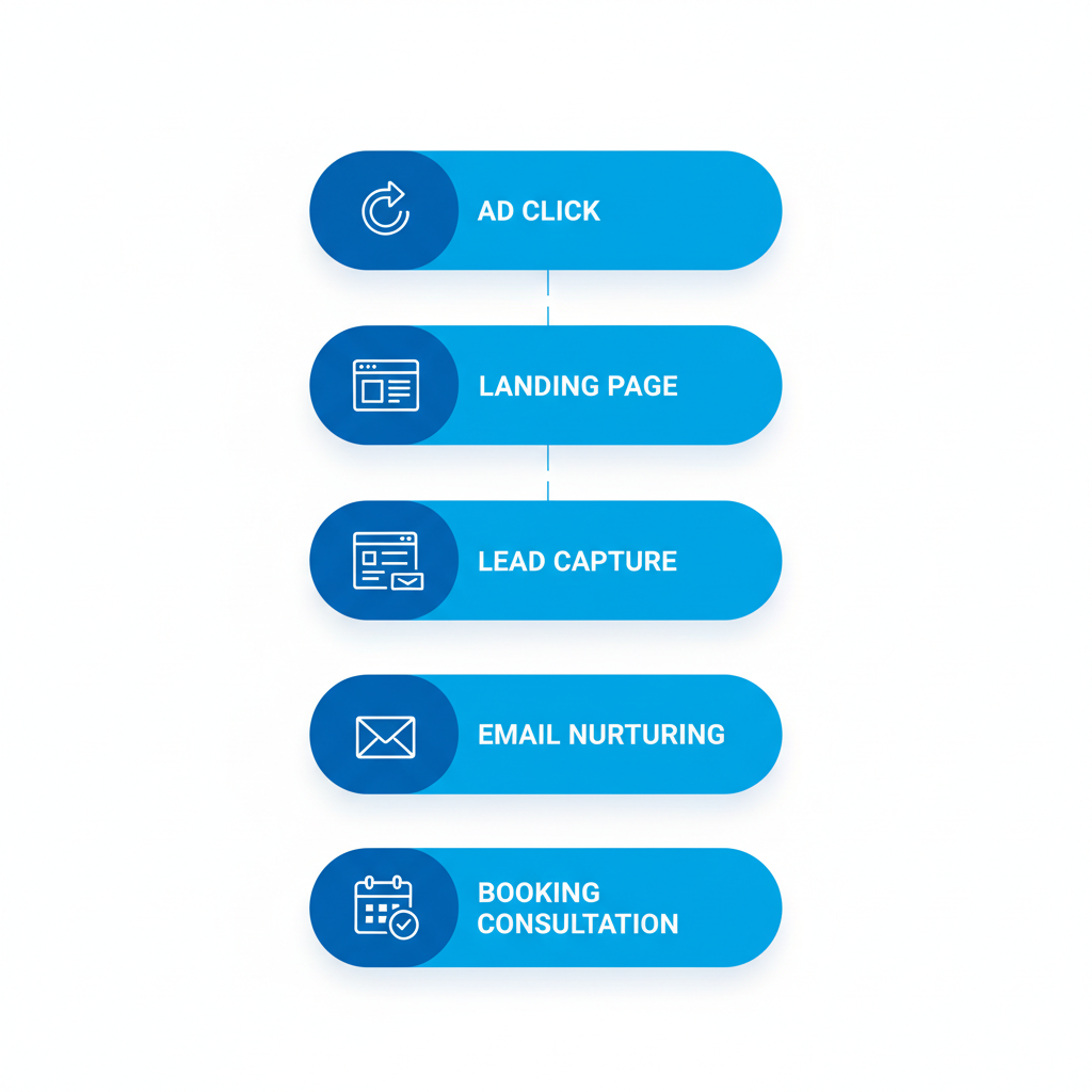 Vertical process flow diagram showing five stages of building high-converting funnels for catering marketing, with icons and minimal labels.