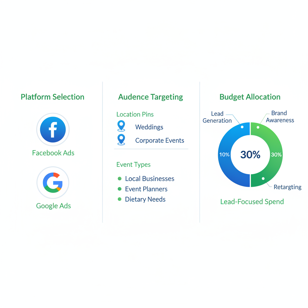 Infographic showing three strategies for targeting paid traffic in catering advertising: platform selection, audience targeting, and budget allocation.