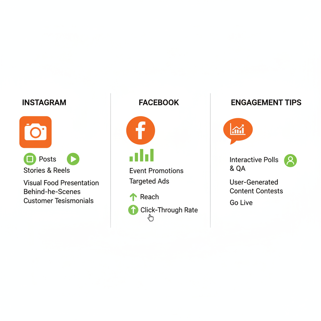 Infographic illustrating social media strategies for enhancing visibility in catering businesses, featuring Instagram, Facebook, and engagement tips with icons and metrics.