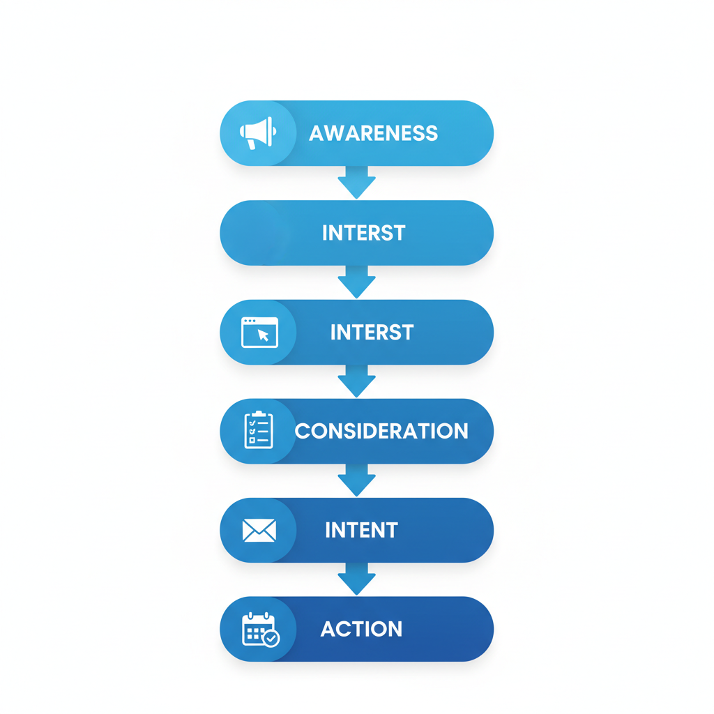 Vertical process flow diagram showing five stages of optimizing lead generation funnels for catering services: awareness, interest, consideration, intent, and action.