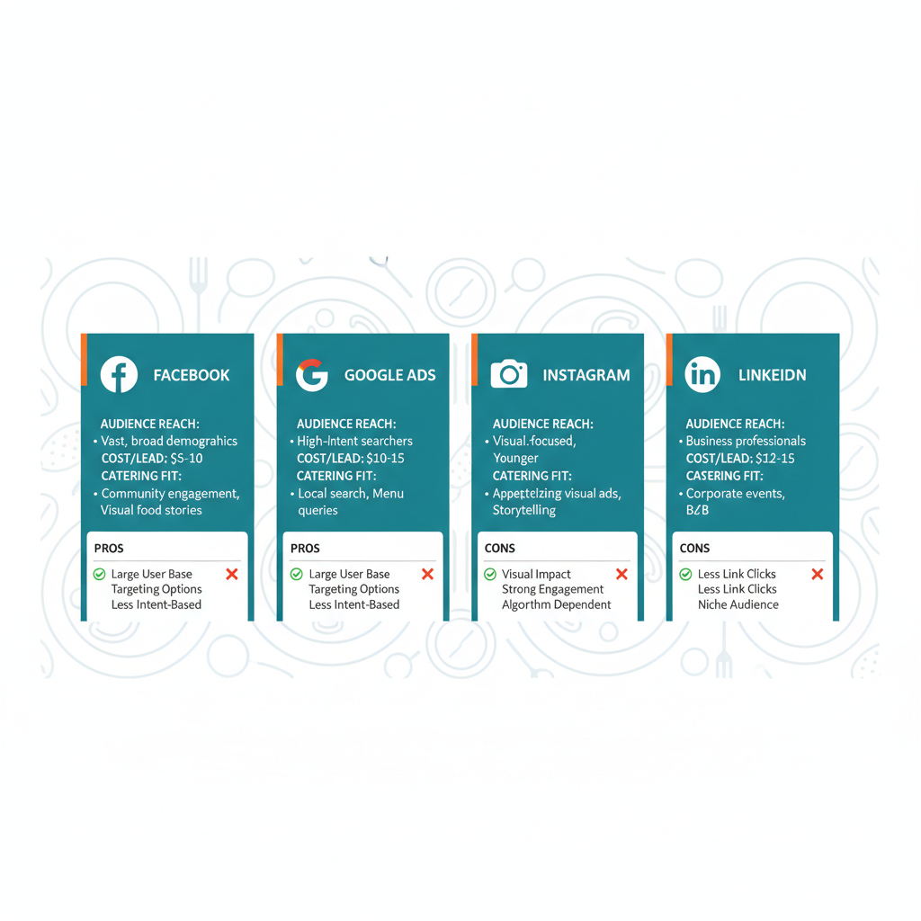 Infographic comparing Facebook, Google Ads, Instagram, and LinkedIn for catering marketing, showing icons, reach, costs, and pros/cons.