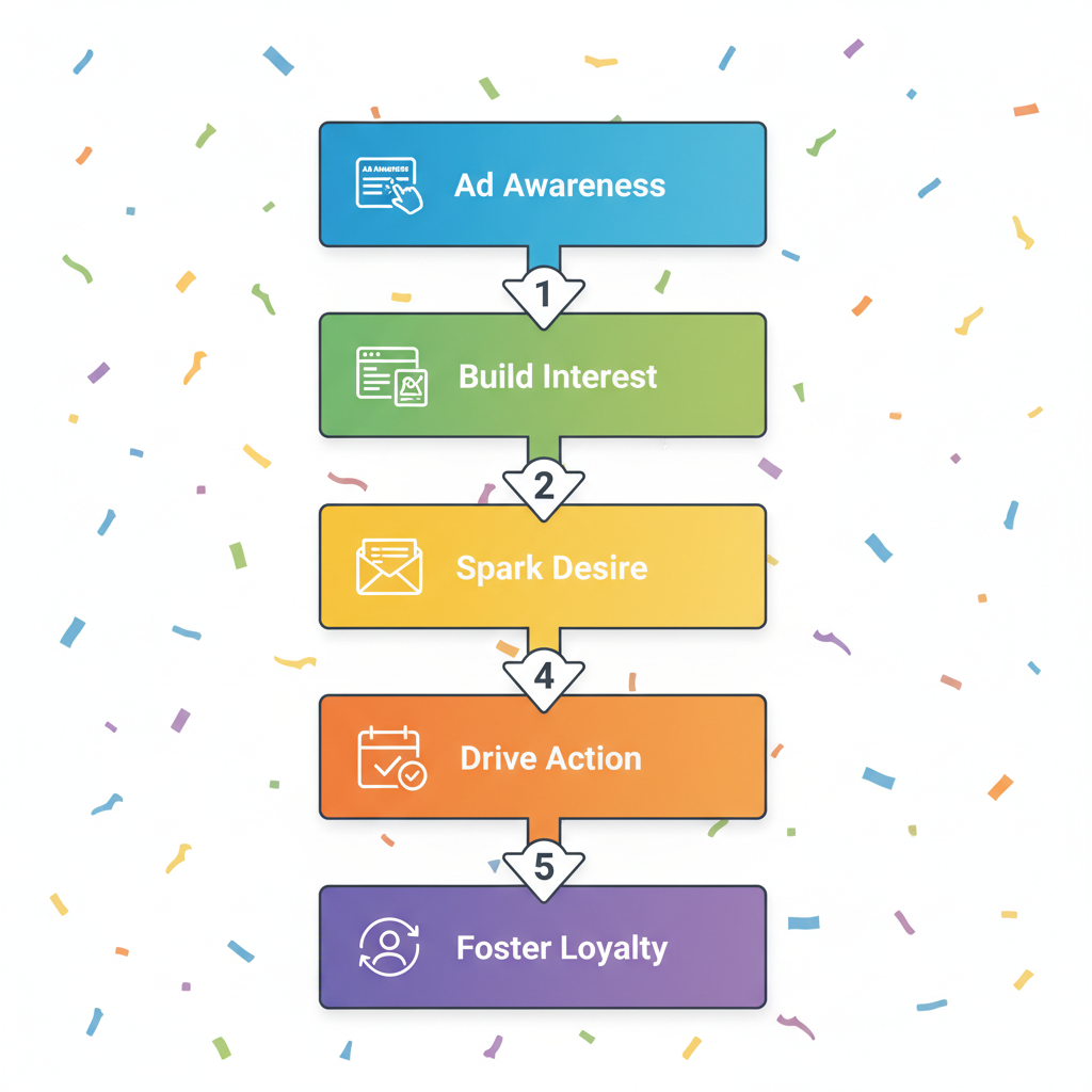 Vertical process flow diagram illustrating five steps to build a lead generation funnel for catering businesses