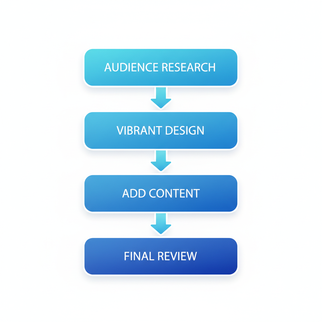 Vertical process flow diagram illustrating steps to create compelling catering flyers: audience research, vibrant design, content addition, and final review.