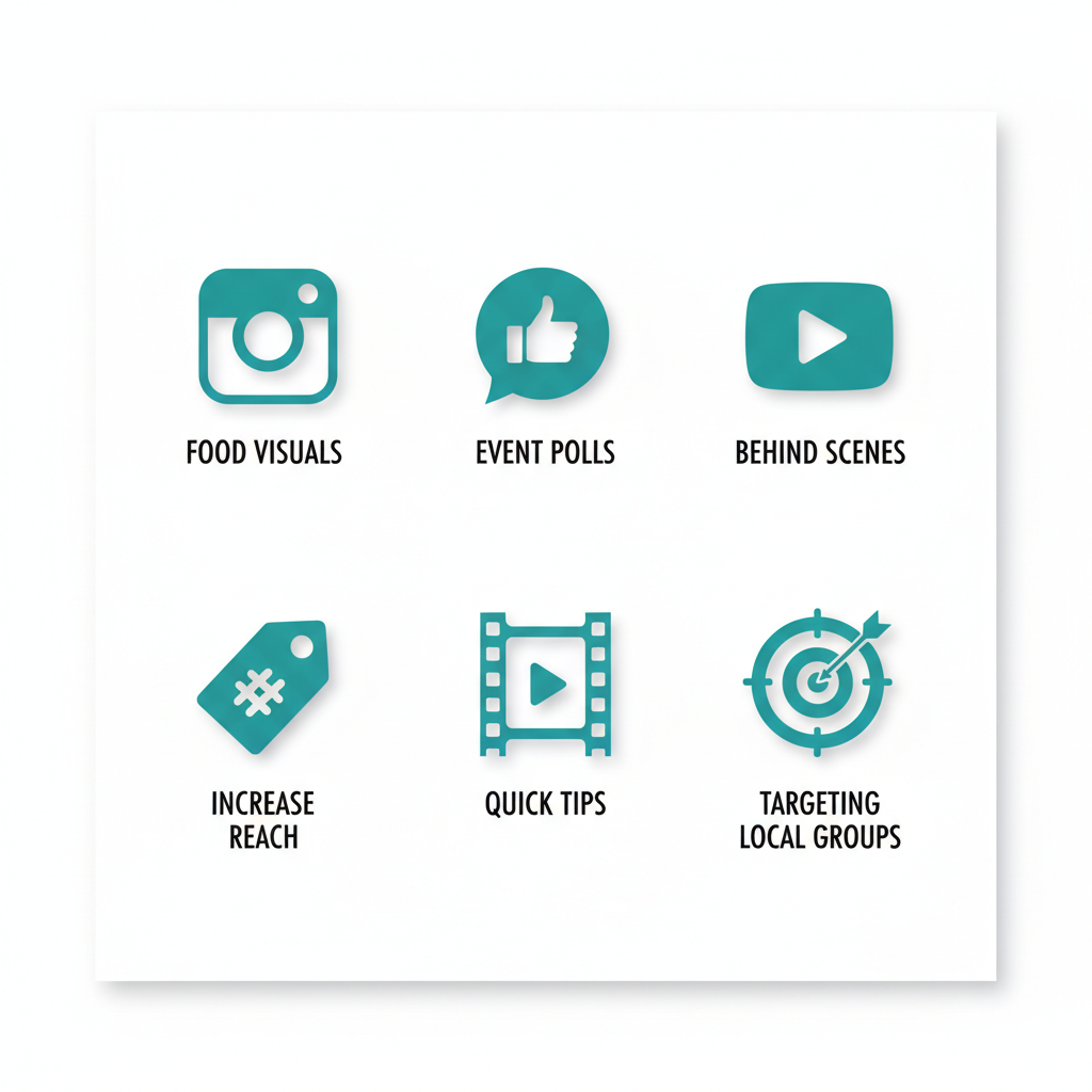 Grid of six flat teal social media icons representing catering marketing strategies: Instagram, Facebook, YouTube, Hashtags, Reels, and Targeting with minimal labels.