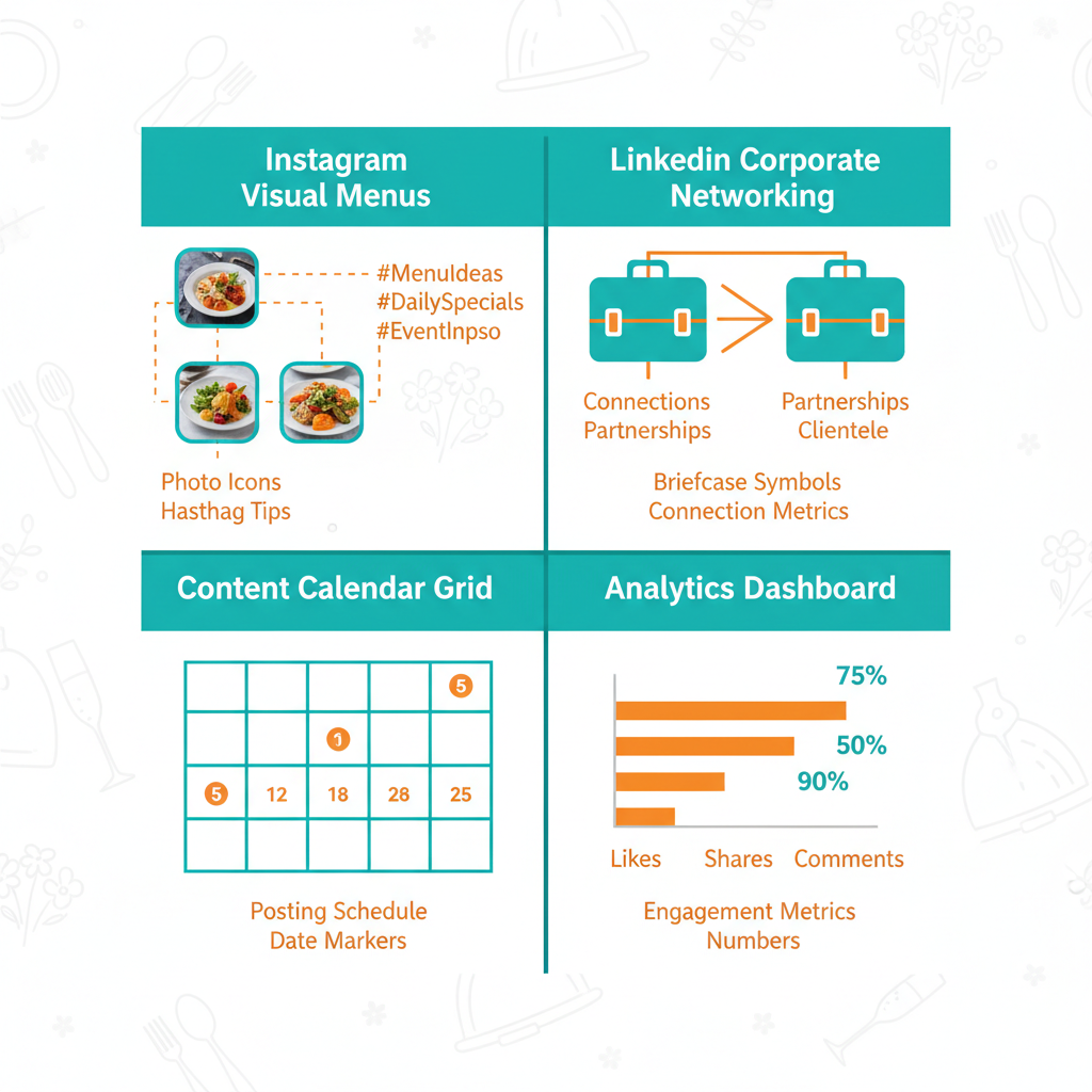 Infographic showing four key social media strategies for catering businesses including Instagram visuals, LinkedIn networking, content calendars, and analytics.