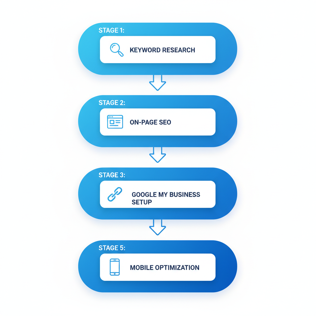 Vertical process flow diagram illustrating five key SEO optimization stages for catering businesses with icons and labels.