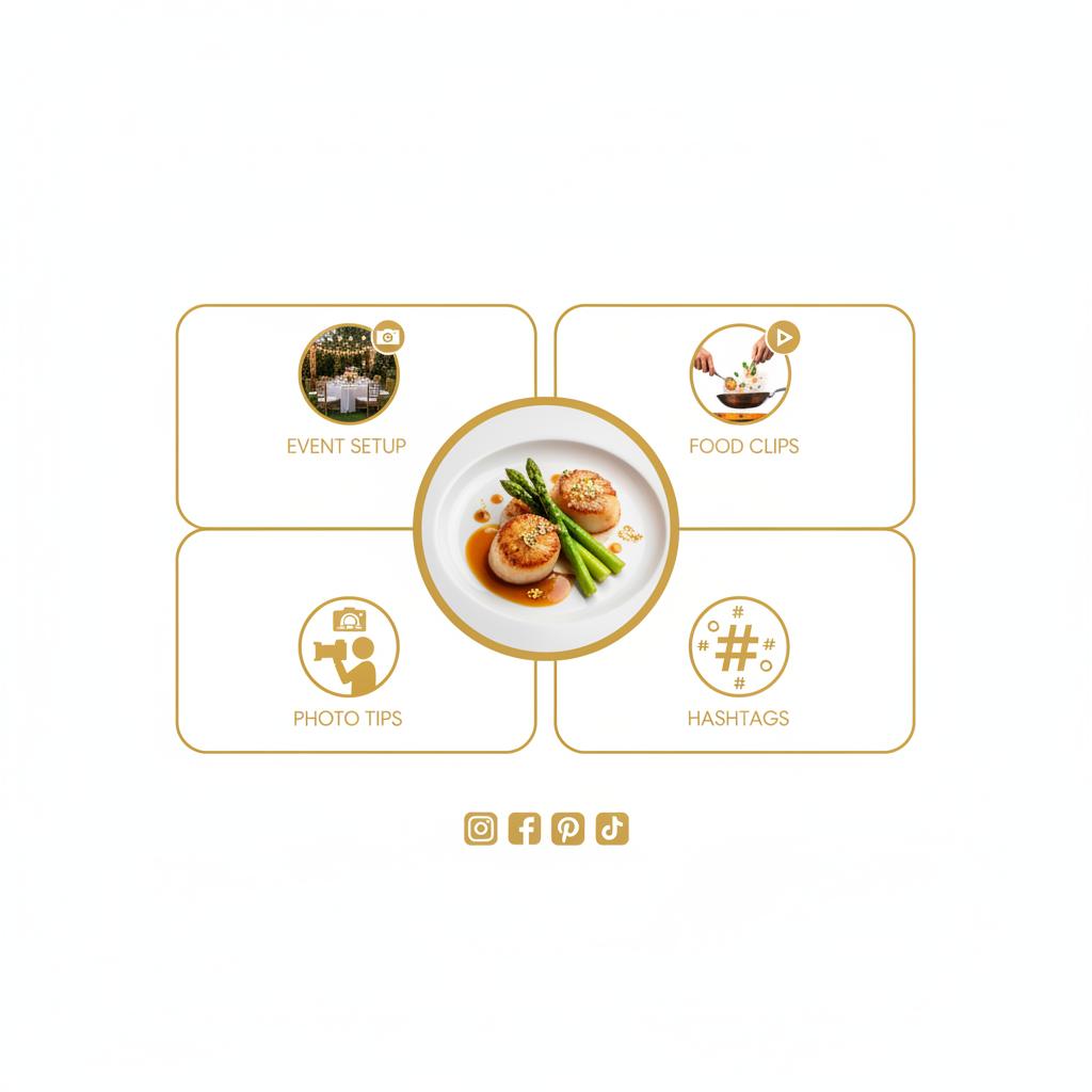 Infographic showing central plated wedding dish with quadrants for event photos, video icons, photography tips, and hashtag strategies in vibrant gold and white.