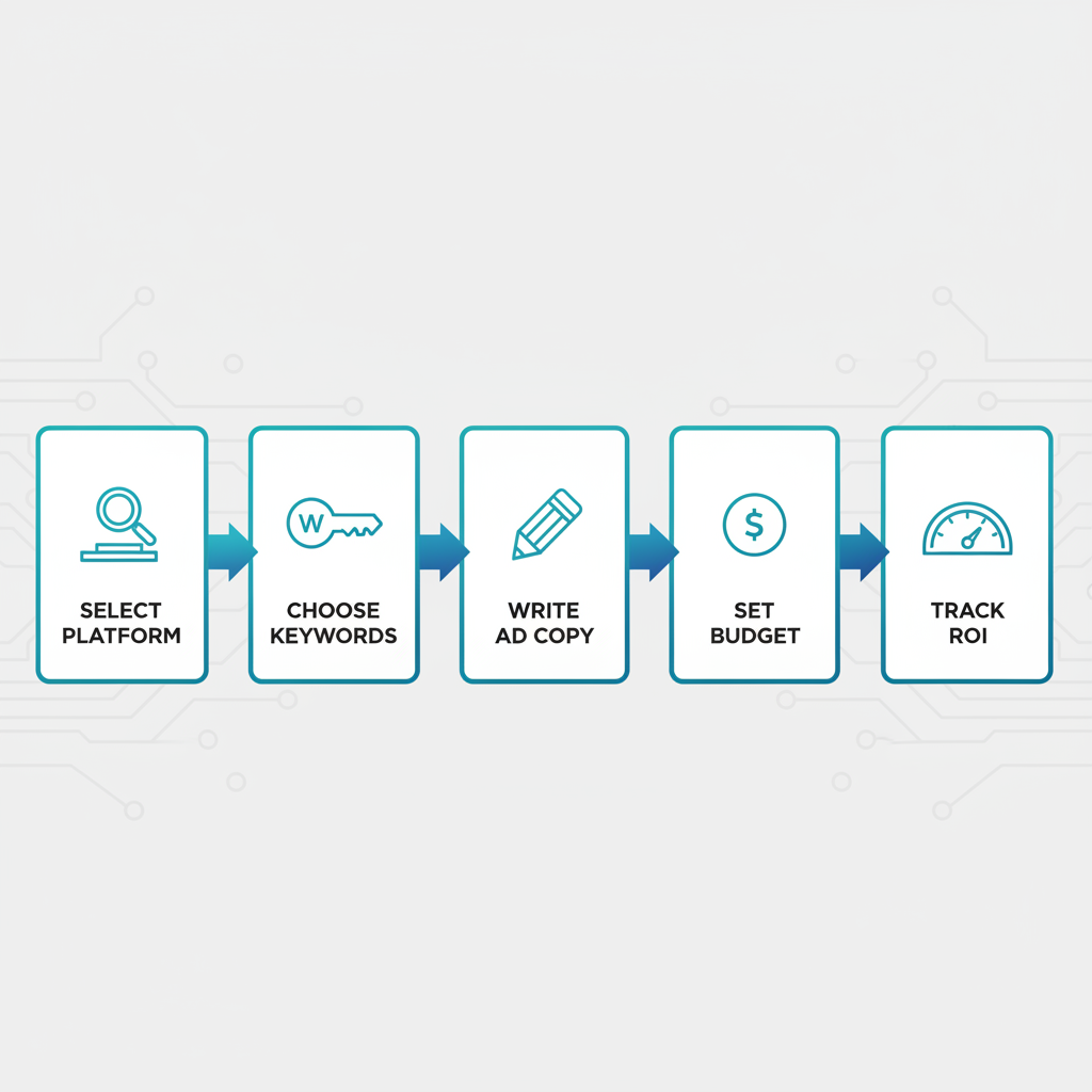 Horizontal process flow diagram illustrating five steps for launching PPC ads: select platform, choose keywords, write ad copy, set budget, and track ROI.