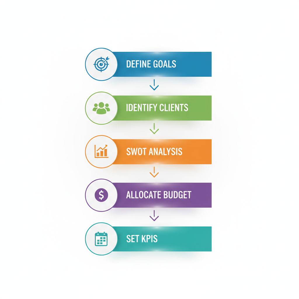Vertical process flow diagram illustrating five steps to develop a comprehensive marketing plan for a catering business: define goals, identify target clients, conduct SWOT analysis, allocate budget, and set KPIs with schedule reviews.