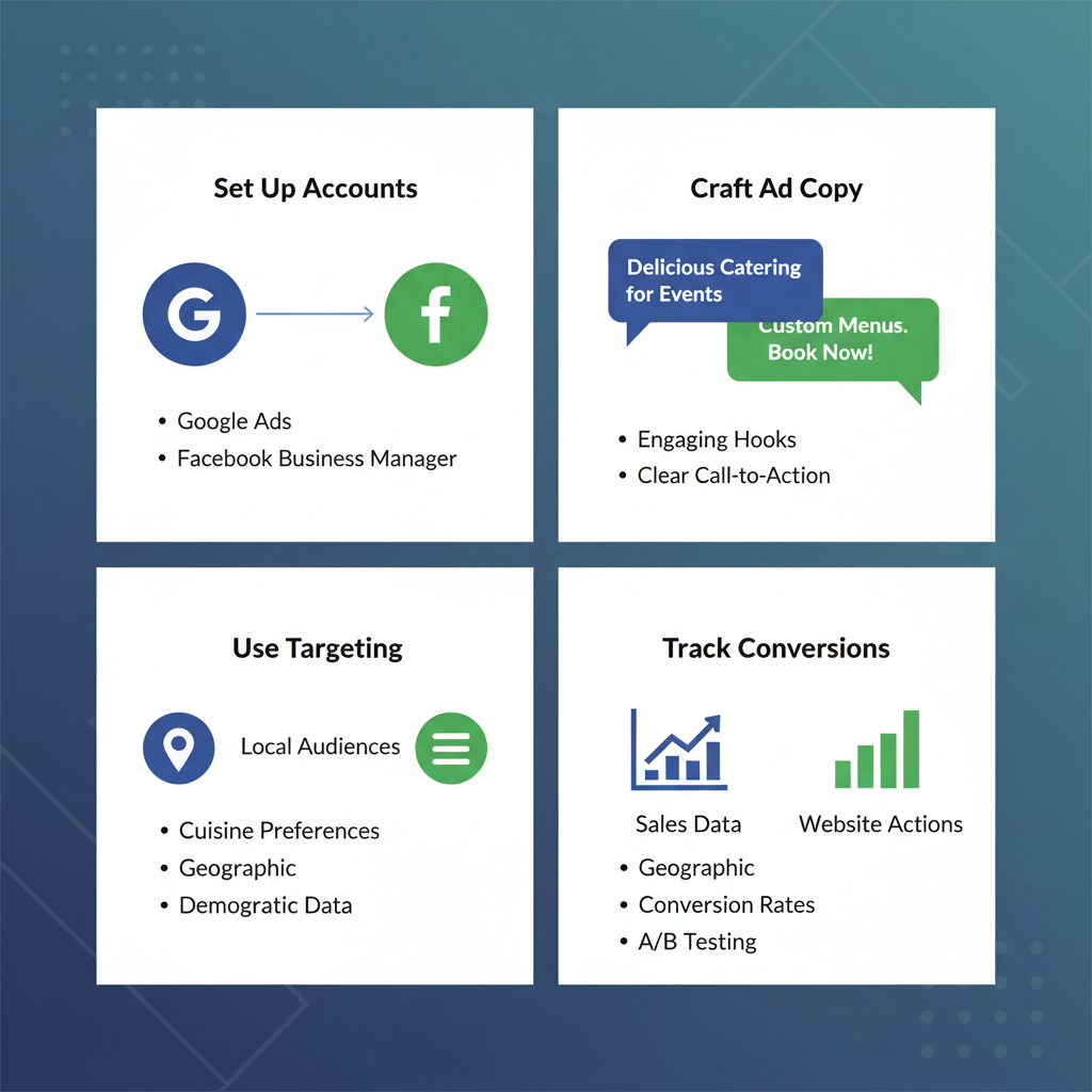 Infographic outlining targeted PPC campaigns for catering in four sections: ad account setup, compelling ad copy, targeting extensions, and conversion tracking with icons and minimal labels.