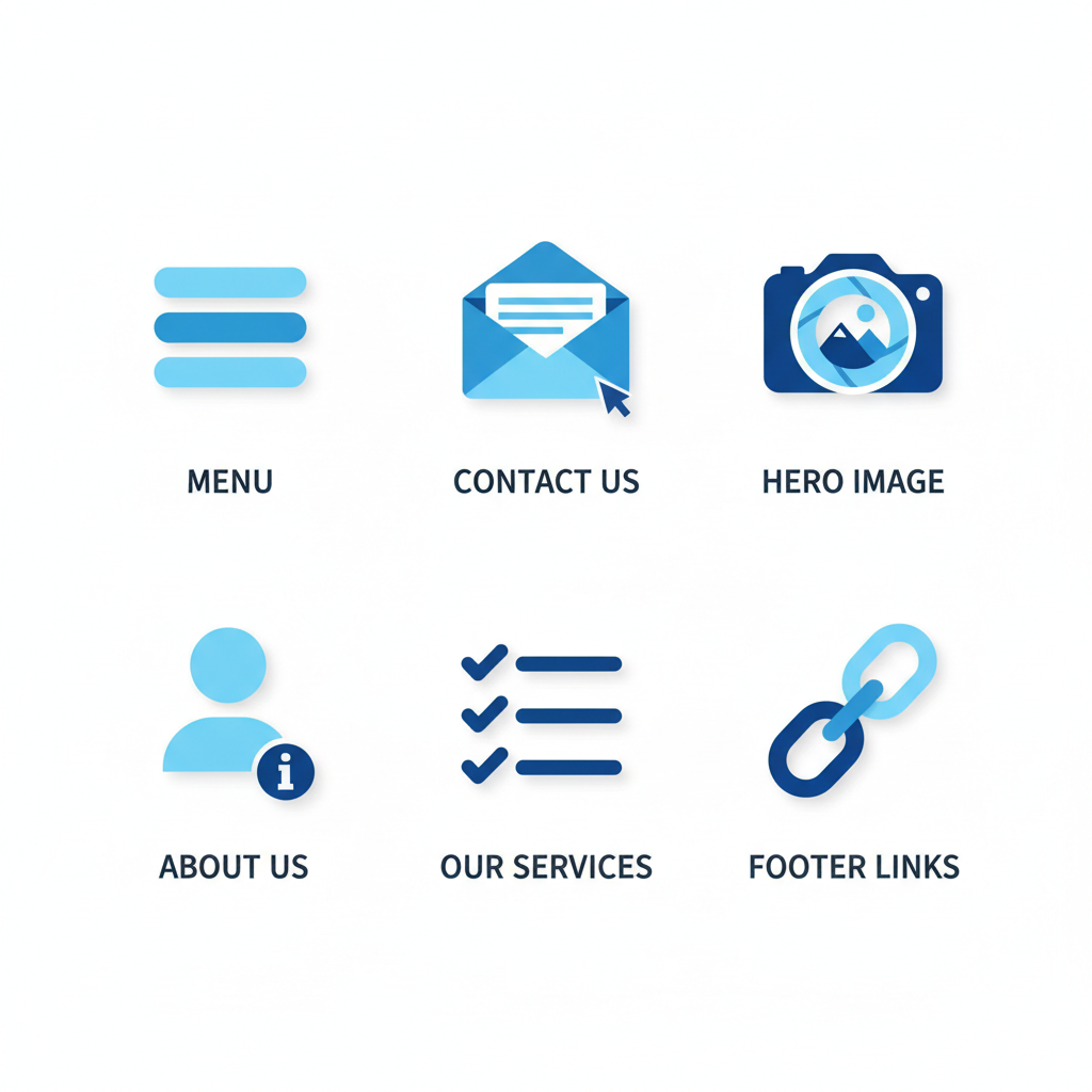 Grid of icons showing essential website elements for catering websites including navigation, contact, hero image, about, services, and footer.